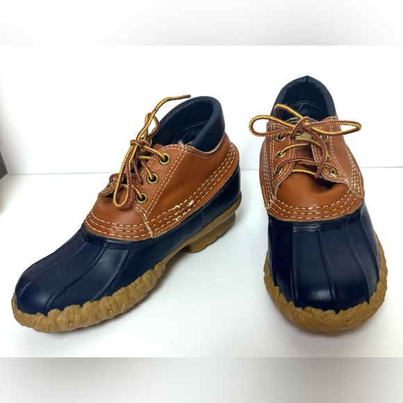 Vintage LL BEAN Bean Boots Gumshoes Duck Navy Blue Tan Leather Rubber Waterproof - Picture 4 of 16
